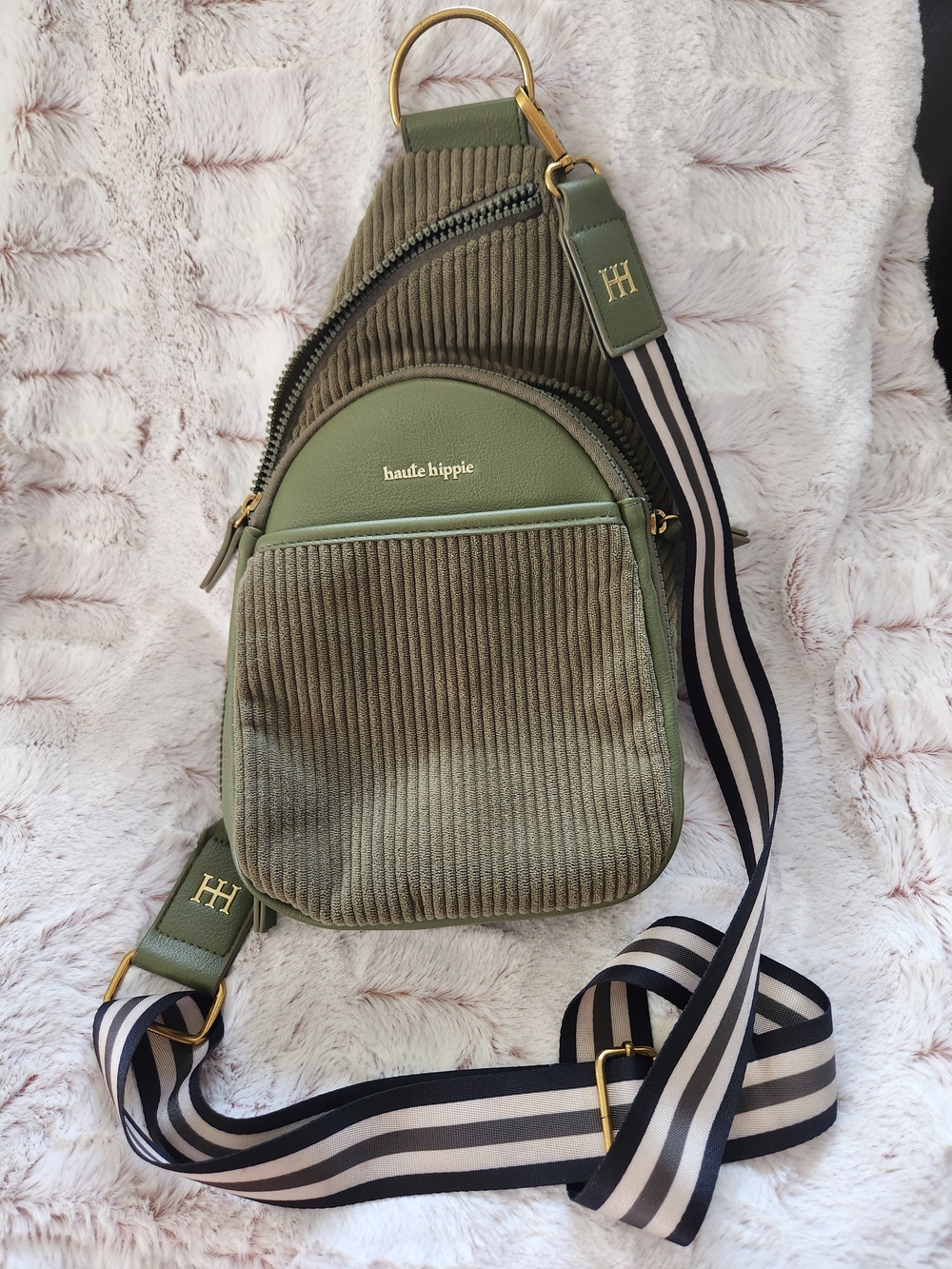 haute hippie Olive Green Corduroy Crossbody Sling Bag
